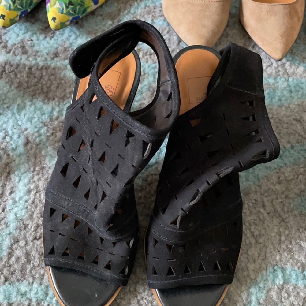 Strap back black suede heels